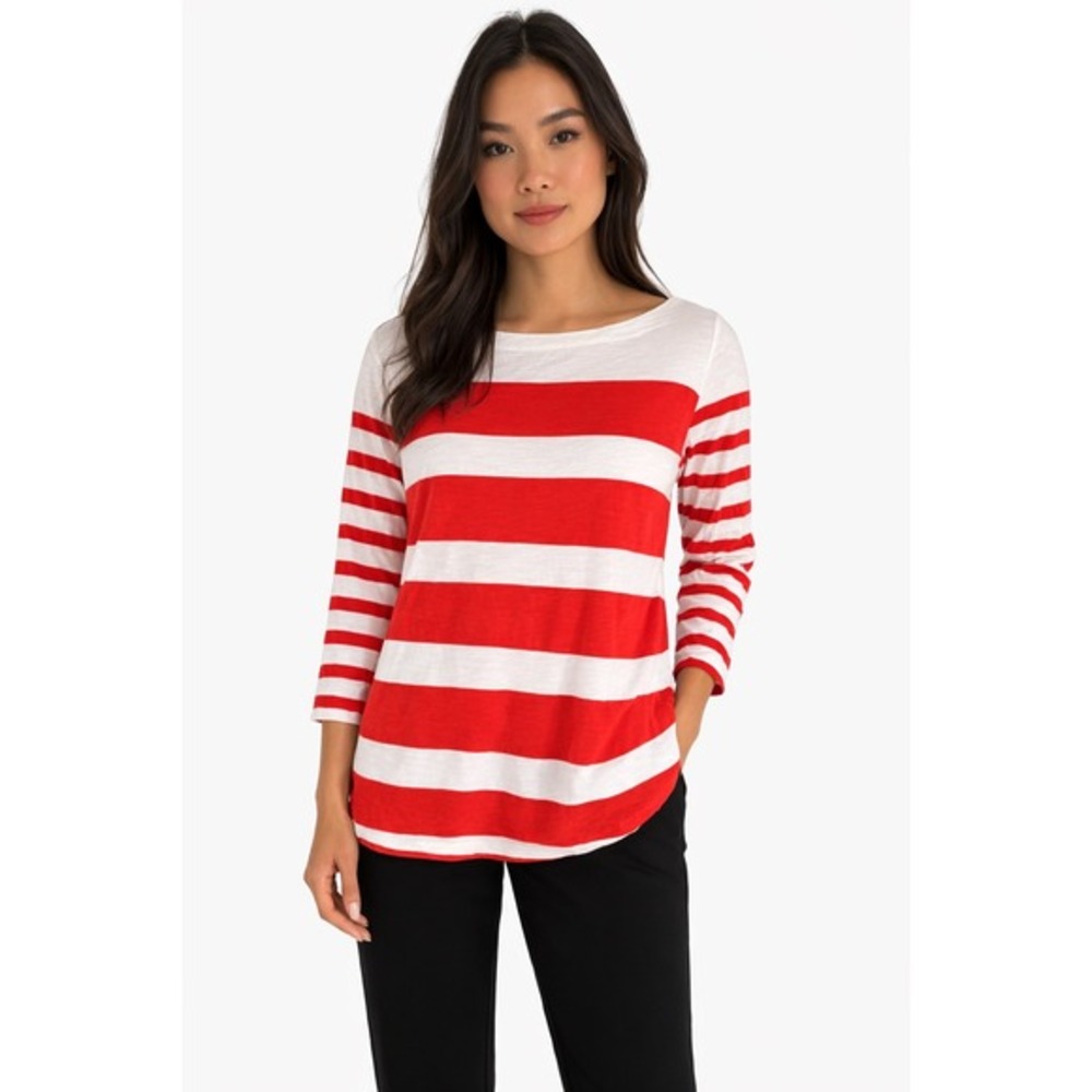 Ann Taylor Loft Orange White Striped Boat Neck 3/4 Sleeve Top M‎ Nautical 73-29
